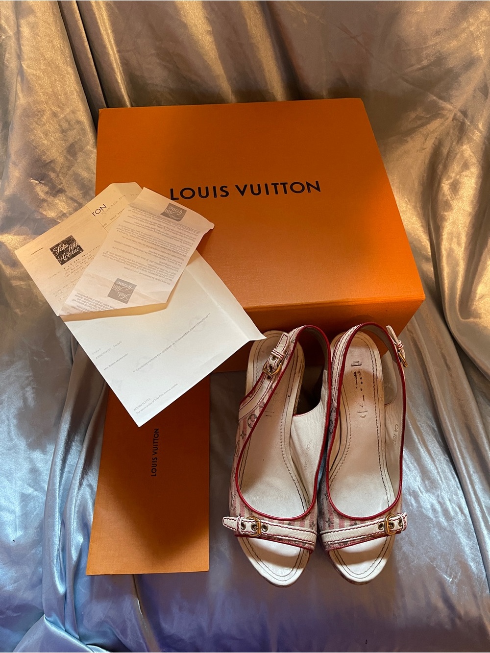 Louis Vuitton Women's Beige and Red Peep-Toe Slingback Heels